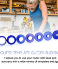 Rock Solid 10 Piece Router Template Bushing Set With Heavy Duty Aluminum Alloy Frame Built Like A Tank Slick Lock Nuts For Smooth Woodworking Jobs And Killer Precision Cuts, 8 blue bushings displayed.