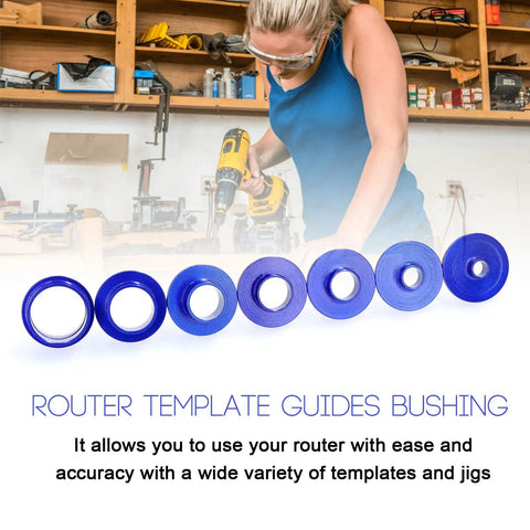 Rock Solid 10 Piece Router Template Bushing Set With Heavy Duty Aluminum Alloy Frame Built Like A Tank Slick Lock Nuts For Smooth Woodworking Jobs And Killer Precision Cuts, 8 blue bushings displayed.