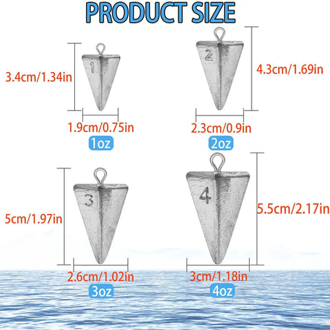 Pyramid Sinkers Fishing Weights Kit for Saltwater Surf Fishing Lead Sinkers Set in 1oz 2oz 3oz 4oz Quick Submersion