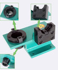 CAT40 Tool Holder Tightening Fixture for CNC Machines, universal clamp, heavy-duty aluminum construction, multiple views of securing mechanism.