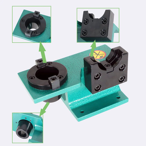 CAT40 Tool Holder Tightening Fixture for CNC Machines, universal clamp, heavy-duty aluminum construction, multiple views of securing mechanism.