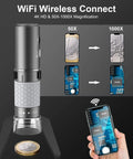 4K Wireless Digital Microscope With WiFi Camera, Hands Free Metal Stand, Live View Zoom In, High Detail Magnifier For iPhone Android And PC, All In One Tool For DIY Projects, Jewelry, Electronics, Education And Lab Work; silver metal microscope on stand with phone display and 50X to 1000X view