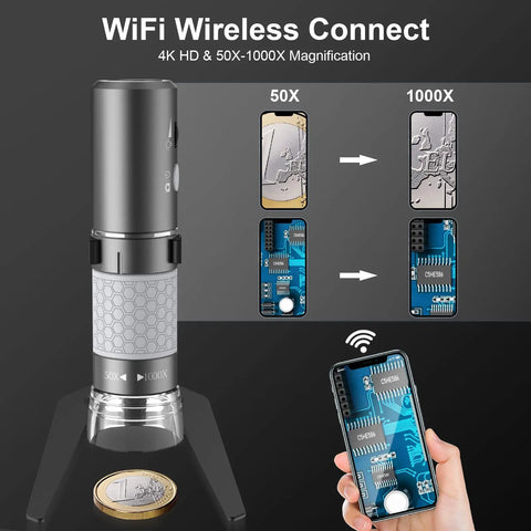 4K Wireless Digital Microscope With WiFi Camera, Hands Free Metal Stand, Live View Zoom In, High Detail Magnifier For iPhone Android And PC, All In One Tool For DIY Projects, Jewelry, Electronics, Education And Lab Work; silver metal microscope on stand with phone display and 50X to 1000X view