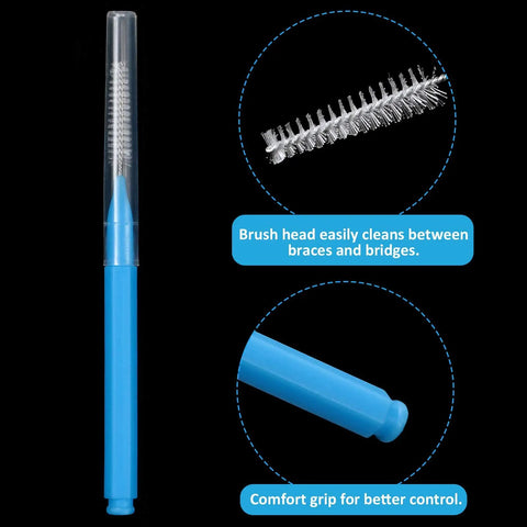 Interdental Brush And Toothpick Kit For Braces 100 Pack in Bright Colors with comfort grip and nylon-coated brush head.