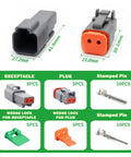DT 2-Pin Waterproof Automotive Wire Connector Kit Gray With DT04-2P Male And DT06-2S Female, 5-Pack components and measurements