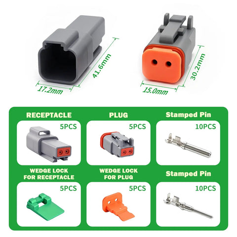 DT 2-Pin Waterproof Automotive Wire Connector Kit Gray With DT04-2P Male And DT06-2S Female, 5-Pack components and measurements