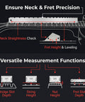 All In One Guitar Maintenance Kit With Fret Press And Fret Leveling Tools diagram showing measurement functions on guitar neck.