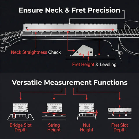 All In One Guitar Maintenance Kit With Fret Press And Fret Leveling Tools diagram showing measurement functions on guitar neck.