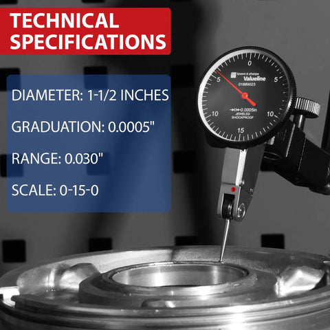 Dial Test Indicator Pro Grade With 0.0005 Inch Graduation, 0.030 Inch Range, 1.5 Inch Dial, 0-15-0 Scale, Black Face Machinist Inspection Tool For Precise Measurements And Repeatable Checks