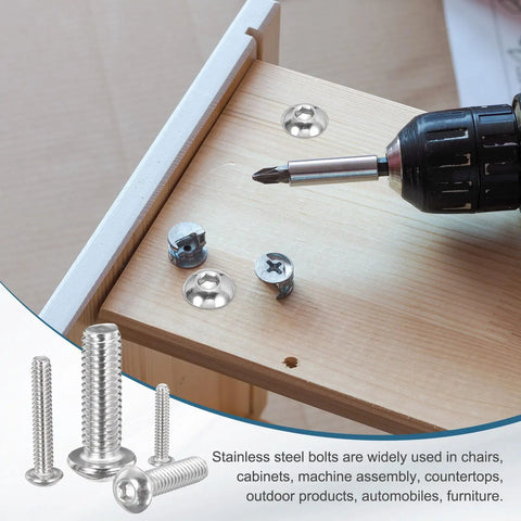 20 Pack Size 10 2-1/2 Inch Button Head Socket Cap Bolts Built With Kickass 304 Stainless Steel 18-8 Hex Drive Hardware, Hella Durable Fasteners on wooden cabinetry.