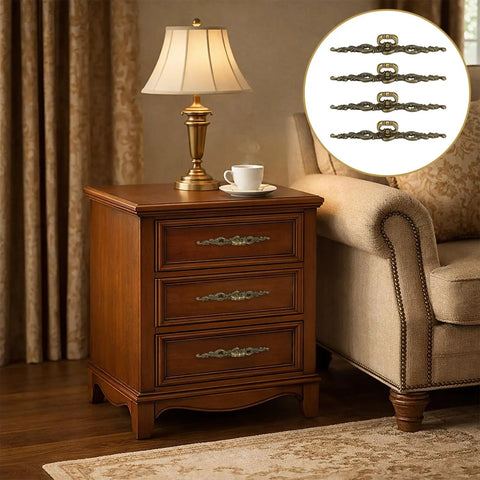 Vintage Bronze Long Drawer Pulls Old School 4 Pack With Screws 200mm Length on a wooden nightstand with lamp and cup
