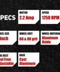 Heavy Duty 6 Inch Low Speed Bench Grinder Featuring Rock Solid Wobble Free Dual Grit Aluminum Oxide Wheels specs showing motor 2.2 Amp, speed 1750 RPM, and wheel size 6 inch.