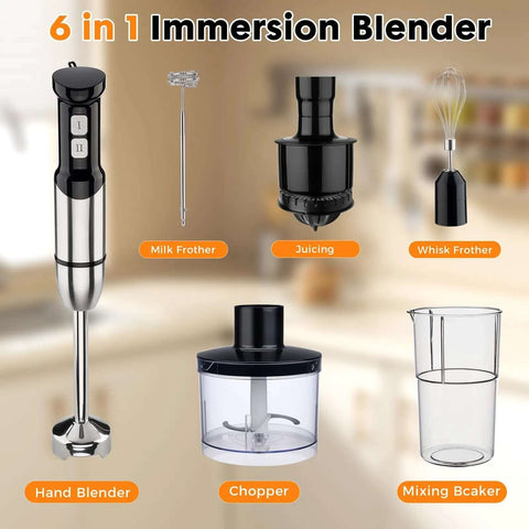 Heavy Duty Handheld Immersion Blender 6 In 1 Electric Mixer, Stainless Steel Stick Blender with attachments including chopper and mixing beaker.