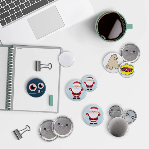 Killer 300 Sets 1.25 Inch Button Maker Supplies Featuring 32 Mm Pinback Parts with various designs on a white desk.
