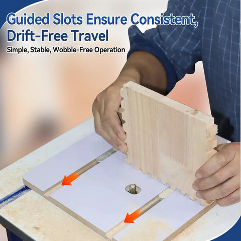 Person using Box Joint Router Jig Kit For Table Saws And Router Tables With Brass Indexing Keys In 1/4, 3/8, And 1/2 Inch Sizes