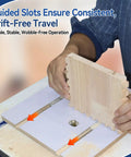 Rock Solid Box Joint Jig For Router Table Featuring Finger Joint Indexing Keys With Three Size Setup Bars And Clear Acrylic Sled in use.