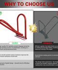 Comparison of Eaves Seam Bender for Roofer Pros and Metal Fab Pros showing a high-strength red tool with PVC insert against a competitor's product.