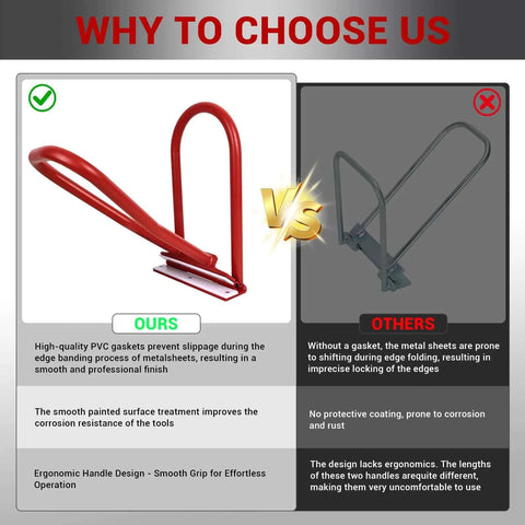 Comparison of Eaves Seam Bender for Roofer Pros and Metal Fab Pros showing a high-strength red tool with PVC insert against a competitor's product.