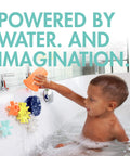 Child playing with Cogs Spinning Gear Bath Toys Set For Bathtub Navy And Yellow 5 Count Suction Toys for Bath Walls
