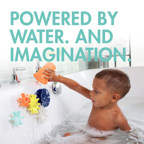 Child playing with Cogs Spinning Gear Bath Toys Set For Bathtub Navy And Yellow 5 Count Suction Toys for Bath Walls