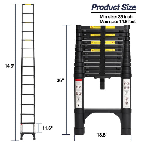14.5 Ft Aluminum Telescoping Ladder With Dual Triangular Stabilizers For Less Wobble Heavy Duty 330 Lb Capacity Lightweight Collapsible Extension For Home Rv And Outdoor Projects Black, folded 36 inch