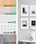 Image showing wall types compatible with the 117 Piece Picture Hanging Kit Featuring Heavy Duty Rock Steady Hooks Rated 30 50 And 100 Pounds.