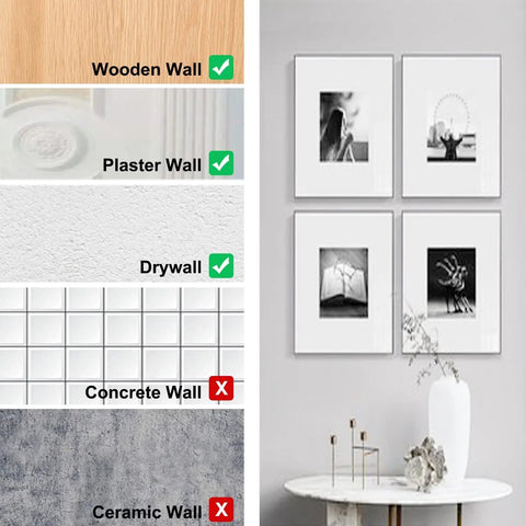 Image showing wall types compatible with the 117 Piece Picture Hanging Kit Featuring Heavy Duty Rock Steady Hooks Rated 30 50 And 100 Pounds.