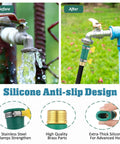 Innconee faucet hose adapter with stainless clamps and brass fittings for 3/4 inch hoses; silicone anti-slip design.