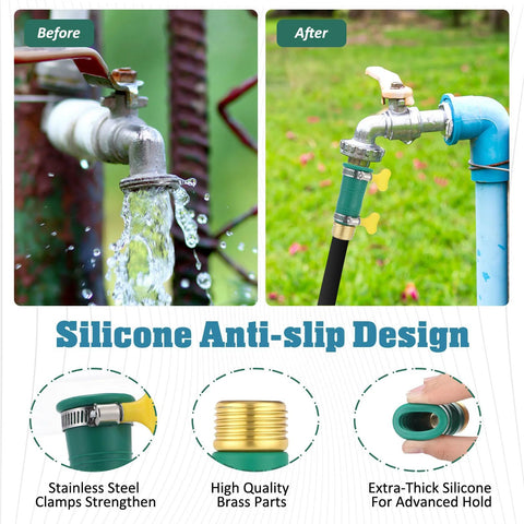 Innconee faucet hose adapter with stainless clamps and brass fittings for 3/4 inch hoses; silicone anti-slip design.
