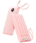 10000mAh Slim Portable Charger, Built In Four Power Bank Cables, Straight Up Travel Essential To Keep Yo Phone Lit Without Any Cord Drama, Ready For Commute in pink with attached cables.