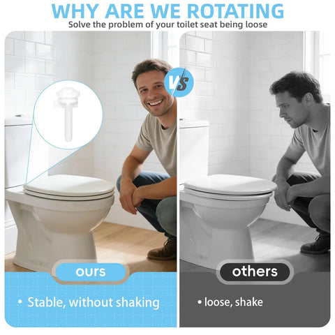 Heavy Duty Toilet Seat Screws Replacement Kit With Two Rapid Adjust Lifters And Heavy Plastic Bolts Nuts Washers example image showing stable vs loose seat.