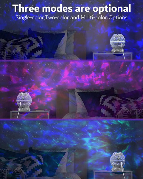 Dinosaur Eggs Galaxy Star Projector With Bluetooth Nebula LED Night Light in multicolor mode illuminating bedroom ceiling.