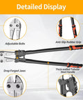Heavy Duty 14 Inch Bolt Cutter With Forged T8 Steel Blades, showcasing adjustable bolts, drop forged jaws, ergonomic rubber grip