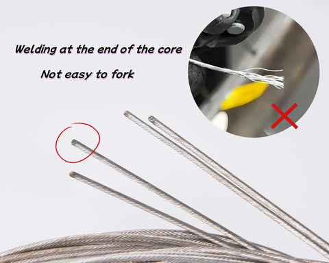 Close-up of Four Pack Stainless Steel Road Bike Brake Cables Long 1.7 Meter Universal Inner Cables welding at core ends.