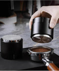 Pro Stainless Steel 58mm Coffee Distributor And Tamper with Slow Rebound Spring, leveling espresso grounds before extraction.