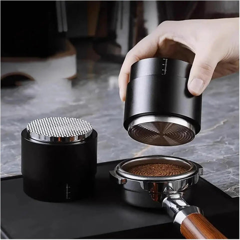 Pro Stainless Steel 58mm Coffee Distributor And Tamper with Slow Rebound Spring, leveling espresso grounds before extraction.
