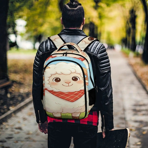 Person wearing Smiling Sheep Wearing A Scarf Printed Unisex Backpack With Large Capacity For Daily Use Durable Polyester Build
