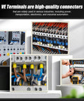 Assorted electrical wiring panels with VE terminals in control and industrial settings