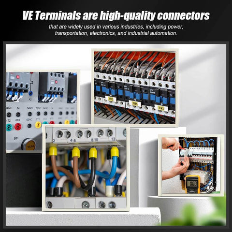 Assorted electrical wiring panels with VE terminals in control and industrial settings