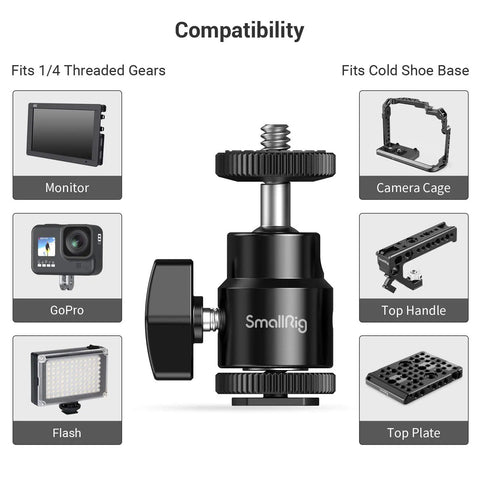 Compatibility chart for 1/4 Inch Camera Hot Shoe Mount With Ball Head And Extra 1/4 Inch Screw, dual pack for monitors and accessories