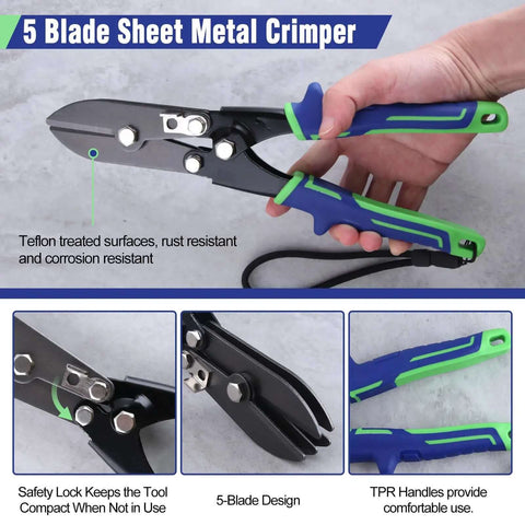 5 Blade Beefed Up Sheet Metal Crimper for HVAC ductwork and stove pipes with anti-slip TPR handle, rust-resistant steel construction.