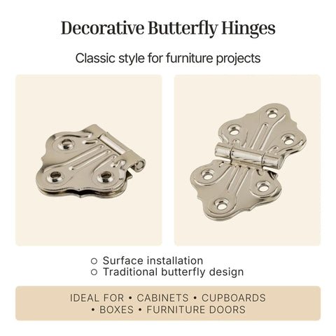 Slick Polished Nickel Butterfly Hinges For Cabinets And Cupboards Legit Surface Mount Decorative Hardware Rock Solid Steel Build Smooth Action Vintage Charm Pack Of Two, showing two styles.