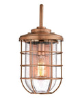 Ferry One Light Outdoor Wall Fixture with Washed Copper Finish and Clear Seeded Glass, Rustic Cage Design for Front or Back Porch