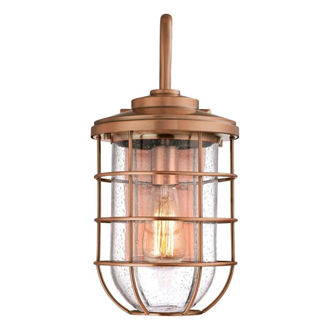 Ferry One Light Outdoor Wall Fixture with Washed Copper Finish and Clear Seeded Glass, Rustic Cage Design for Front or Back Porch