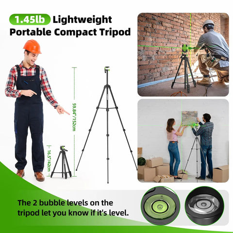 Self Leveling Laser Level With 60 Inch Tripod And 98 Feet Range Green Cross Line Laser Tool For Picture Hanging Home Reno And Indoor Projects Manual And Auto Level Modes Batteries And Carrying Bag Included shown with tripod in use and setup details