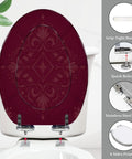 Toilet Seat Elongated Resin for Bathroom, maroon floral design, stainless steel hinges, fits most toilets with quick release.