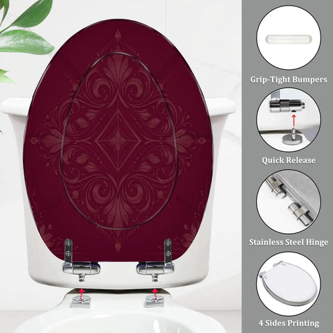 Toilet Seat Elongated Resin for Bathroom, maroon floral design, stainless steel hinges, fits most toilets with quick release.