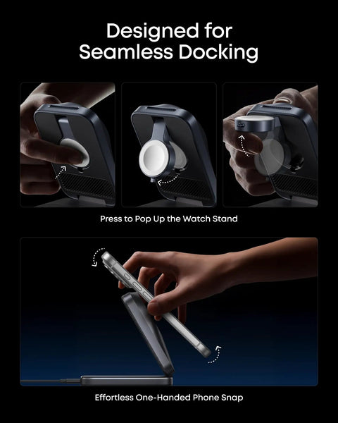 Prime 3 In 1 Wireless Charging Station with AirCool Tech showing watch stand and foldable phone dock features.