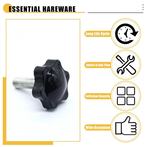 Snag Up Six Beefy M8 Knurled Clamping Knobs Featuring Hex Star Thumb Screw Designs For Smooth DIY Builds And Hassle Free Machine Tweaks that shows a black knob with steel core for easy adjustments.