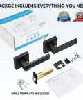 Matte Black Door Handle Set Built Tough Heavy Duty Reversible Square Lever For Bedroom And Bathroom With Keyed Entry And Keyed Alike 1 Pack Premium Zinc Alloy With Brass Parts Rust Resistant Finish And Smooth Powder Coated Hardware, shown with box and assembly components.